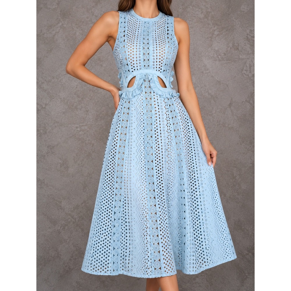 Self Portrait Cutout Midi Dress Womens XS Light Blue Guipure Lace Eyelet Ruffle